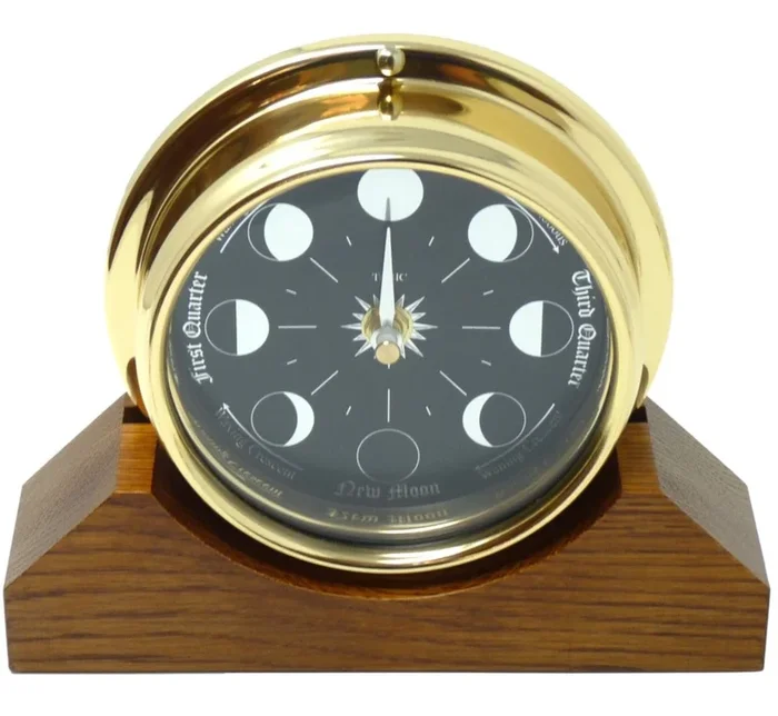 Tabic Clocks Prestige Brass Moon Phase Clock With a Jet Black Dial Mounted on a Solid English Oak Mantel/Display Mount